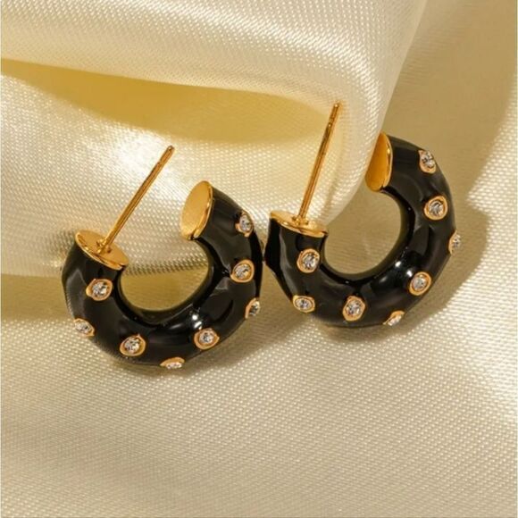 Black Enamel Diamond C Shape Hoop Huggie Earrings 18K Gold Plated - Picture 1 of 3